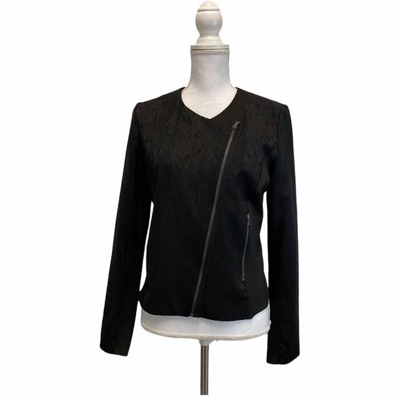 T Tahari Med Stella Black Jacket Asymmetrical Zipper Blazer Career Office Casual